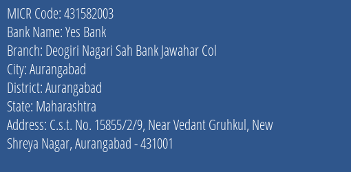 Deogiri Nagari Sahakari Bank Jawahar Col MICR Code