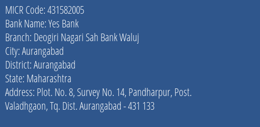 Deogiri Nagari Sahakari Bank Waluj MICR Code