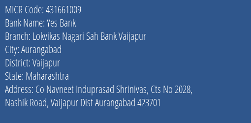 Lokvikas Nagarik Sahkari Bank Vaijapur MICR Code