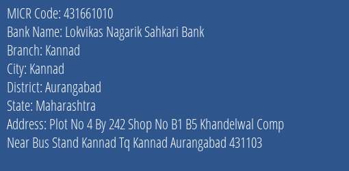 Lokvikas Nagarik Sahkari Bank Kannad MICR Code