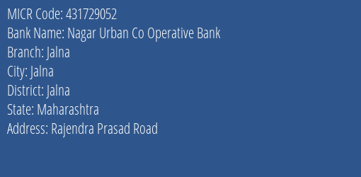Nagar Urban Co Operative Bank Jalna MICR Code
