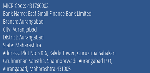 Esaf Small Finance Bank Limited Aurangabad MICR Code