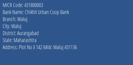 Chikhli Urban Coop Bank Waluj Branch Address Details and MICR Code 431800003
