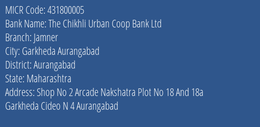 The Chikhli Urban Coop Bank Ltd Jamner Branch Address Details and MICR Code 431800005