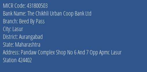 The Chikhli Urban Coop Bank Ltd Beed By Pass Branch Address Details and MICR Code 431800503
