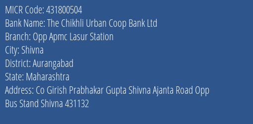 The Chikhli Urban Coop Bank Ltd Opp Apmc Lasur Station Branch Address Details and MICR Code 431800504