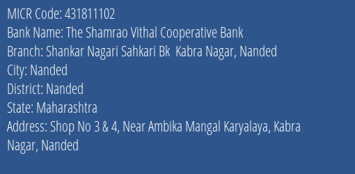 Shankar Nagarik Sahakari Bank Kabra Nagar Nanded MICR Code