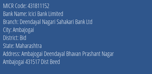 Deendayal Nagari Sahakari Bank Ltd Prashant Nagar MICR Code