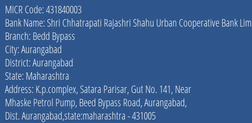 Shri Chhatrapati Rajashri Shahu Urban Cooperative Bank Limited Bedd Bypass MICR Code