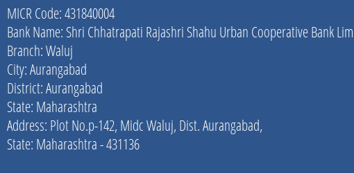 Shri Chhatrapati Rajashri Shahu Urban Cooperative Bank Limited Waluj MICR Code