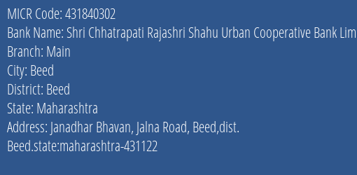 Shri Chhatrapati Rajashri Shahu Urban Cooperative Bank Limited Main MICR Code