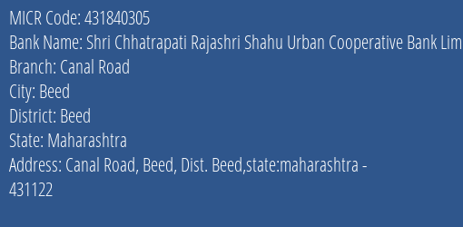 Shri Chhatrapati Rajashri Shahu Urban Cooperative Bank Limited Canal Road MICR Code