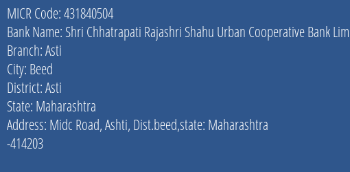 Shri Chhatrapati Rajashri Shahu Urban Cooperative Bank Limited Asti MICR Code