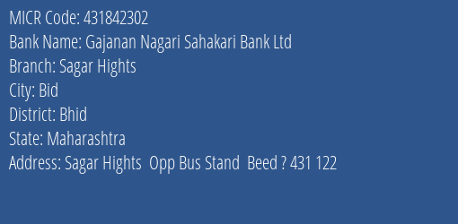 Gajanan Nagari Sahakari Bank Ltd Sagar Hights MICR Code