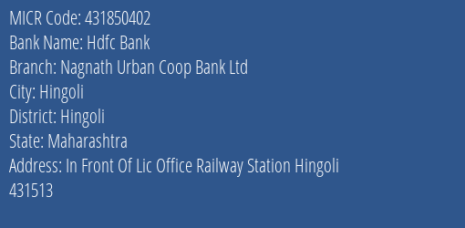 Nagnath Urban Coop Bank Ltd Hingoli MICR Code