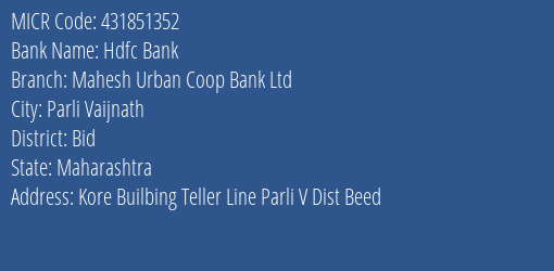 Hdfc Bank Mahesh Urban Coop Bank Ltd Branch Address Details and MICR Code 431851352