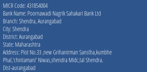 Poornawadi Nagrik Sahakari Bank Ltd Shendra Aurangabad MICR Code