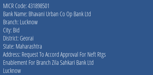 Bhavani Urban Co Op Bank Ltd Lucknow MICR Code