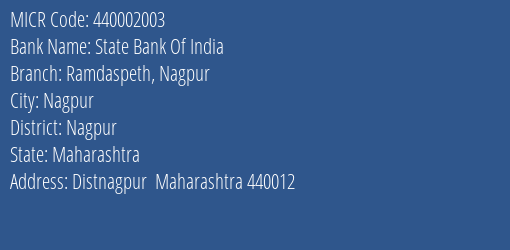State Bank Of India Ramdaspeth Nagpur MICR Code