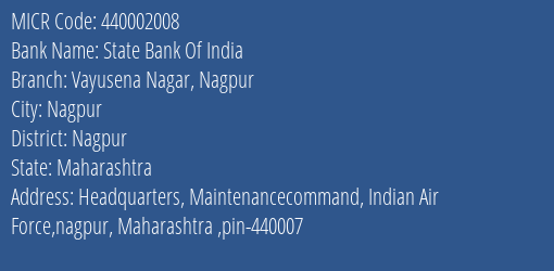 State Bank Of India Vayusena Nagar Nagpur MICR Code