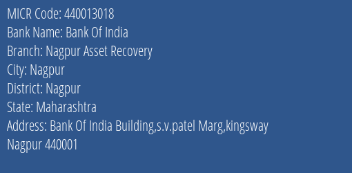 Bank Of India Nagpur Asset Recovery MICR Code