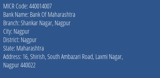 Bank Of Maharashtra Shankar Nagar Nagpur MICR Code