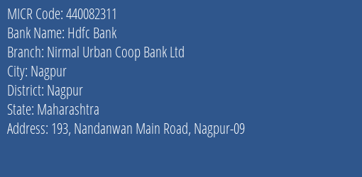Nirmal Urban Coop Bank Ltd Nandanwan Main Road MICR Code
