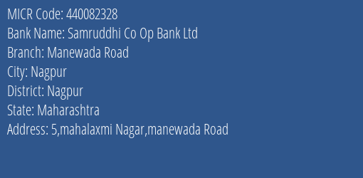 Samruddhi Co Op Bank Ltd Manewada Road MICR Code