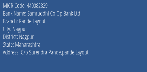 Samruddhi Co Op Bank Ltd Pande Layout MICR Code