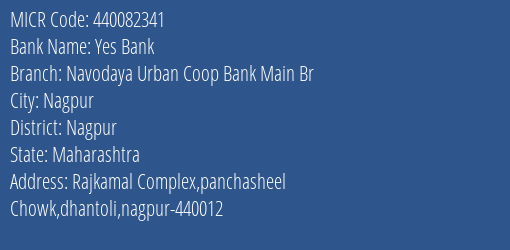 Yes Bank Navodaya Urban Coop Bank Main Br Branch Address Details and MICR Code 440082341