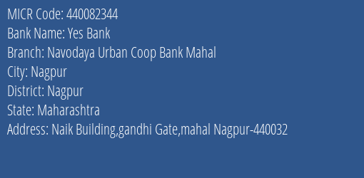 Yes Bank Navodaya Urban Coop Bank Mahal Branch Address Details and MICR Code 440082344