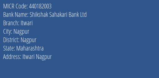 Shikshak Sahakari Bank Ltd Itwari MICR Code