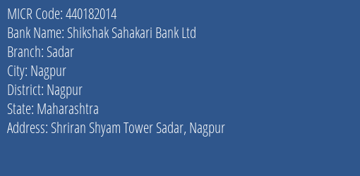 Shikshak Sahakari Bank Ltd Sadar MICR Code