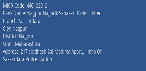 Nagpur Nagarik Sahakari Bank Limited Sakkardara MICR Code