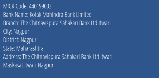 The Chitnavispura Sahakari Bank Ltd Itwari MICR Code