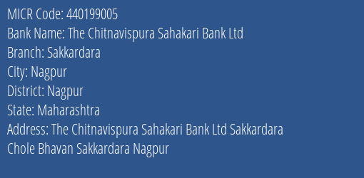 The Chitnavispura Sahakari Bank Ltd Sakkardara MICR Code