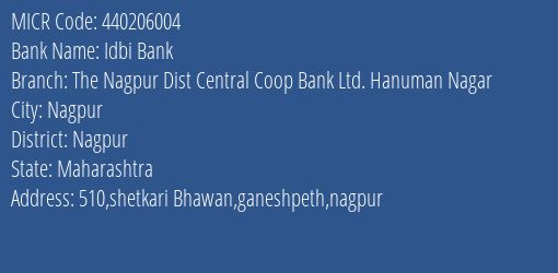 The Nagpur Dist Central Coop Bank Ltd Hanuman Nagar MICR Code
