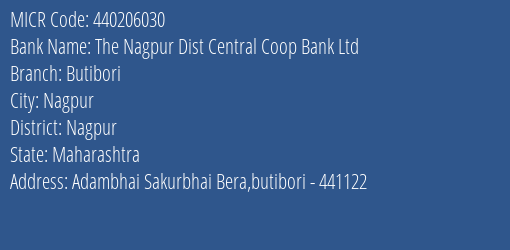 The Nagpur Dist Central Coop Bank Ltd Butibori Branch Address Details and MICR Code 440206030