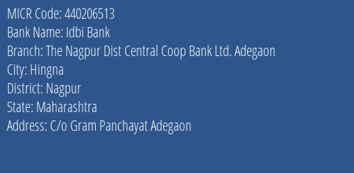 The Nagpur Dist Central Coop Bank Ltd Adegaon MICR Code