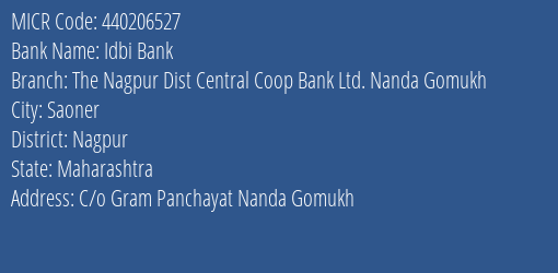 Idbi Bank The Nagpur Dist Central Coop Bank Ltd. Nanda Gomukh Branch Address Details and MICR Code 440206527