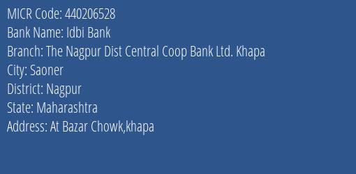 Idbi Bank The Nagpur Dist Central Coop Bank Ltd. Khapa Branch Address Details and MICR Code 440206528