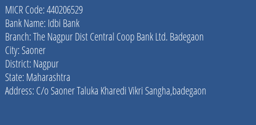 Idbi Bank The Nagpur Dist Central Coop Bank Ltd. Badegaon Branch Address Details and MICR Code 440206529