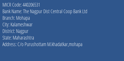 The Nagpur Dist Central Coop Bank Ltd Mohapa Branch Address Details and MICR Code 440206531