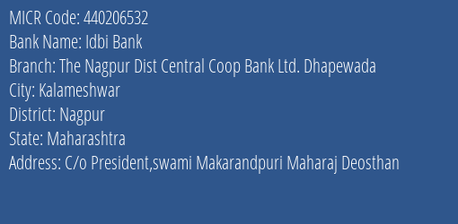 Idbi Bank The Nagpur Dist Central Coop Bank Ltd. Dhapewada Branch Address Details and MICR Code 440206532