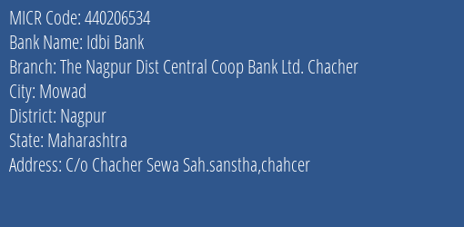 The Nagpur Dist Central Coop Bank Ltd Chacher Branch Address Details and MICR Code 440206534