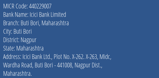 Icici Bank Limited Buti Bori Maharashtra MICR Code