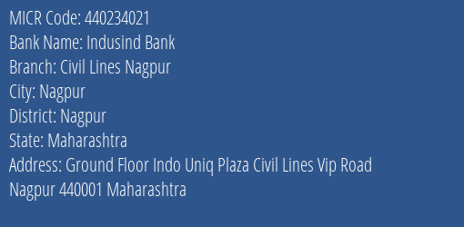 Indusind Bank Civil Lines Nagpur MICR Code