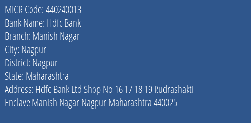 Hdfc Bank Manish Nagar MICR Code