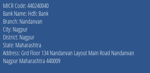 Hdfc Bank Nandanvan Branch Address Details and MICR Code 440240040