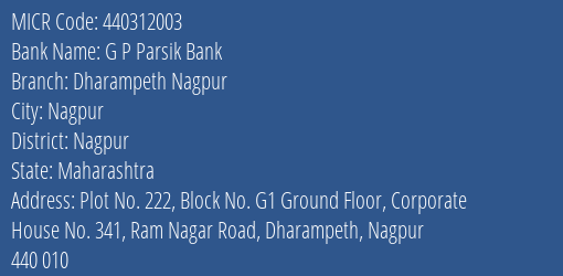 G P Parsik Bank Dharampeth Nagpur MICR Code